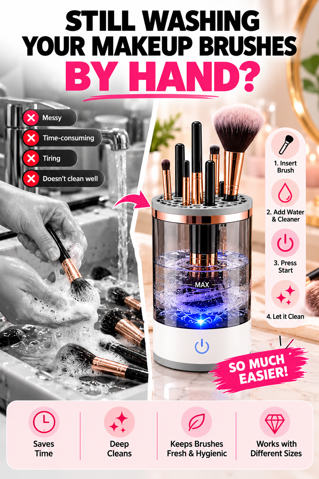 Electric Makeup Brush Cleaner & Dryer – Automatic Spinning Cleaning Machine, USB Powered, White