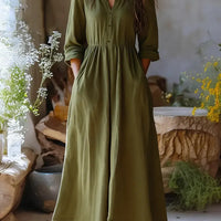 Womens Solid-color Long-sleeve Retro Cotton-linen Dress