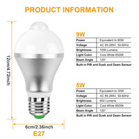 E27 Motion Sensor Light Bulb 9W 6500K Dusk To Dawn Automatic On-Off LED Light Bulb Indoor Outdoor Use