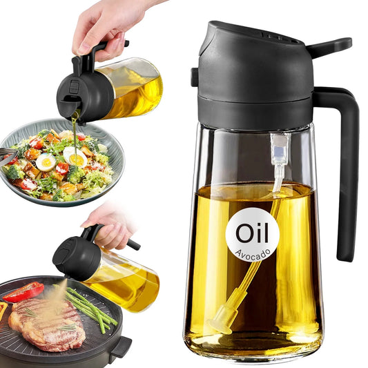 16Oz/470Ml Oil Sprayer W/ Stickers, 2 in 1 Glass Olive Oil Dispenser, Food Grade Spray Bottle for Salad, Frying, BBQ (Black)