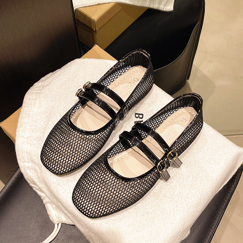 Round-toe Peep-toe Flat-heeled Buckle Sandals