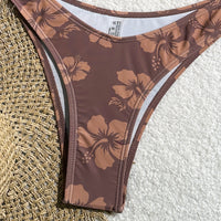 Women's Brown Hibiscus Floral Triangle Bikini Set, Tie-Side Halter Top & Cheeky Bottom, 2 Piece Tropical Swimsuit