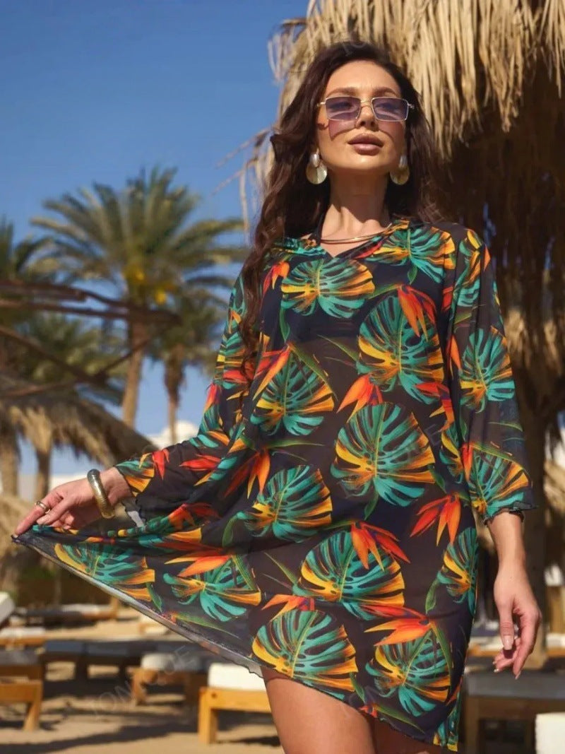 Printed Beach Three Quarter Sleeve One Piece Swimsuit Cover Up