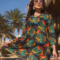 Printed Beach Three Quarter Sleeve One Piece Swimsuit Cover Up