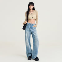 Womens Light-blue Washed Wide-leg Jeans