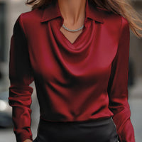 Women's Swing Collar Draped Shirts & Blouses Elegant Solid Satin Office Ladies Top Pullover Spring Long Sleeve Casual Tops