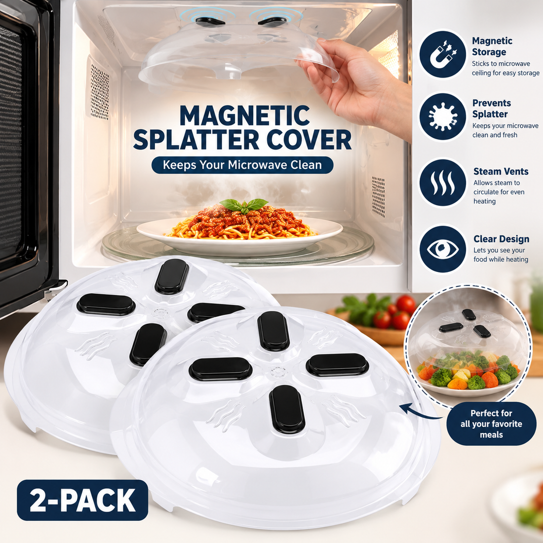 Magnetic Microwave Splatter Cover – Vented Food Cover with Steam Release
