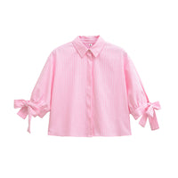 European And American-style Short Striped Blouse With A Bow Detail