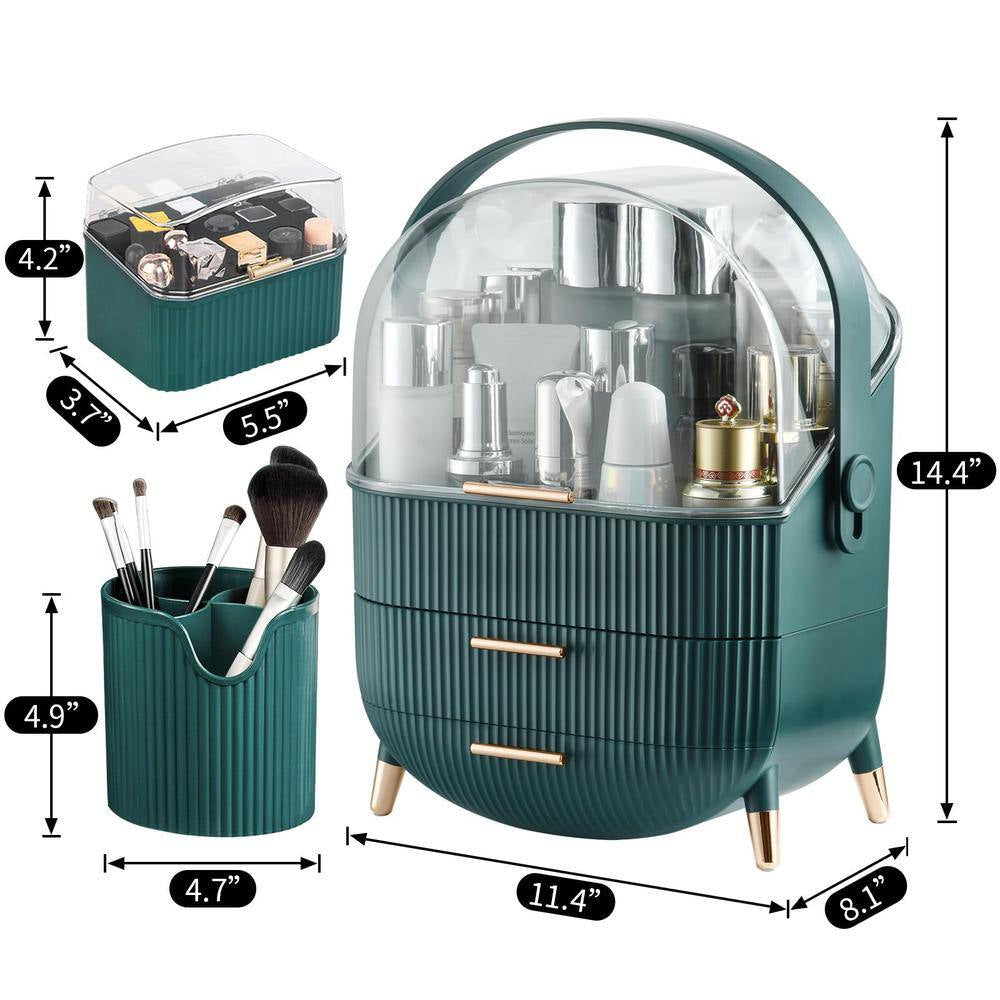 Makeup Storage Organizer Display Case with 2-Layer Storage Box and Transparent Cover, for Bedroom Vanity Desk in Green