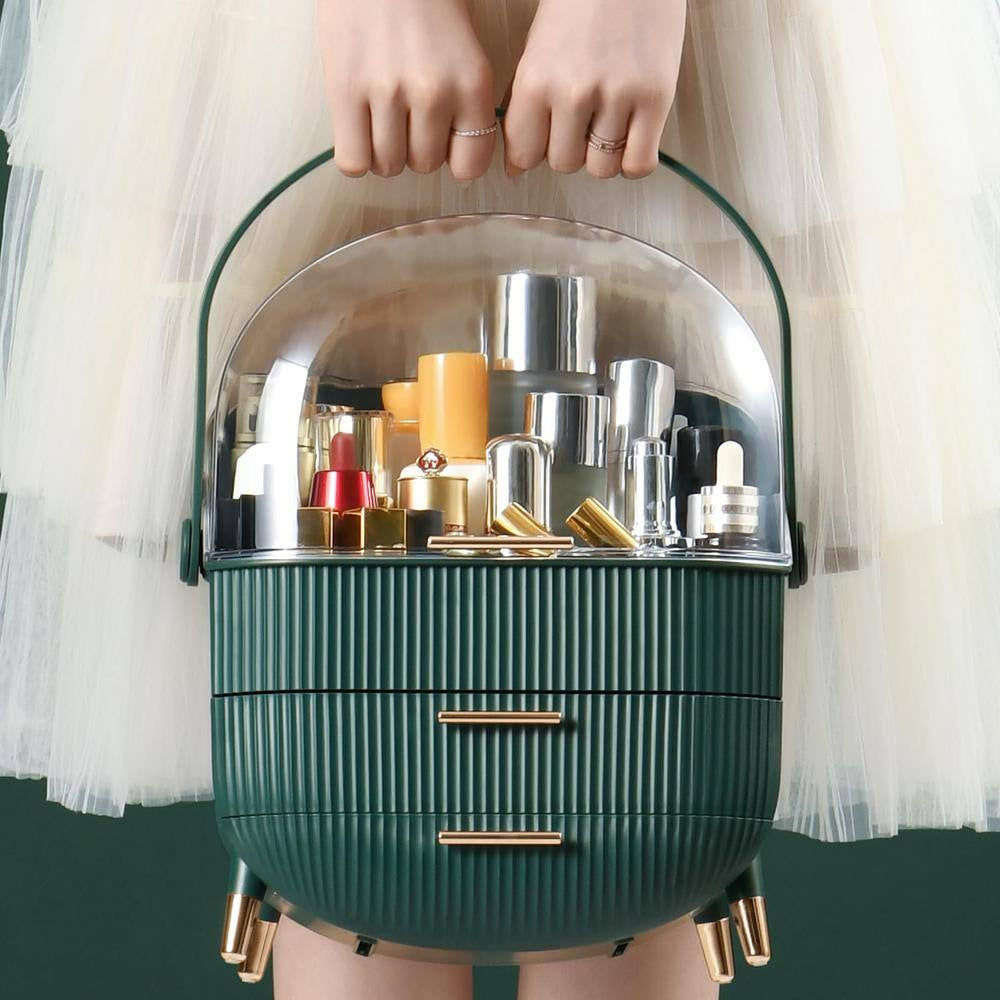 Makeup Storage Organizer Display Case with 2-Layer Storage Box and Transparent Cover, for Bedroom Vanity Desk in Green