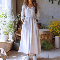 Womens Solid-color Long-sleeve Retro Cotton-linen Dress