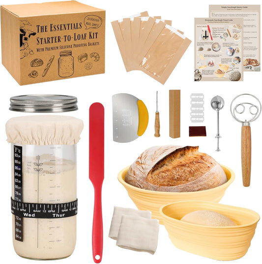 Sourdough Starter Kit, Complete Starter-To-Loaf Set with Instructions, Sourdough Starter Jar, Silicone Proofing Baskets, Danish Dough Whisk, Dough Scraper, Bread Lame & Sourdough Baking Supplies