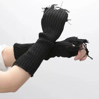1pair Black Tattered Punk Unisex Fingerless Cuff Knit Gloves