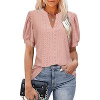 Spring & Summer Casual V-neck Solid Color Hollow-out Puff Sleeve Loose T-shirt Summer Shirt For Women