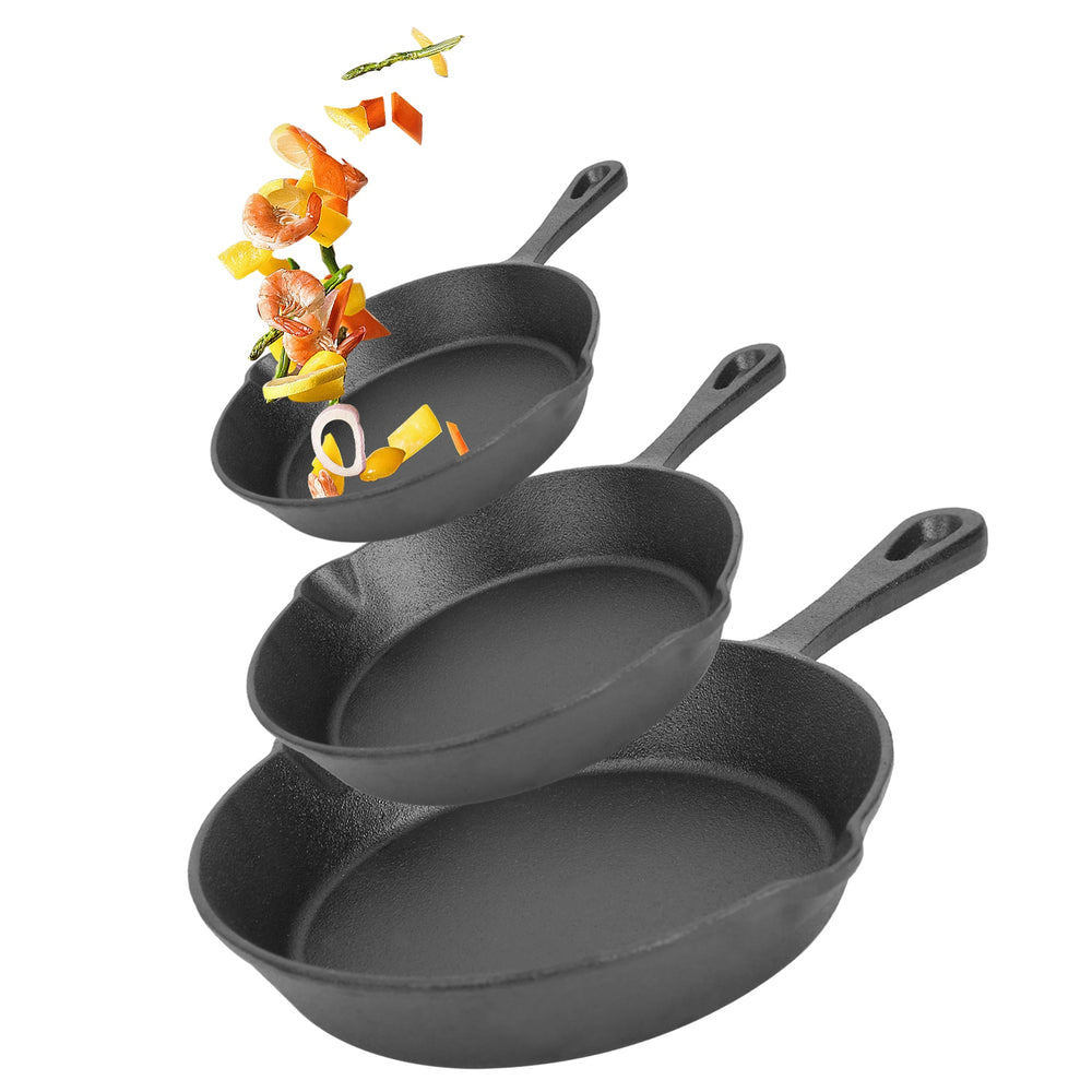3-Piece Pre-Seasoned Cast Iron Skillet Set – 6", 8" & 10" Oven-Safe Frying Pans for Indoor & Outdoor Cooking | Everyday Home Deal