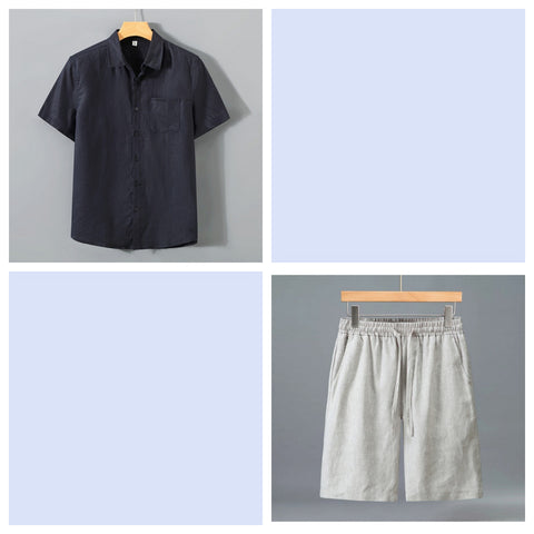 Men's Pure Linen Shorts and Short Sleeve Shirt Set - Summer Loose Casual Lightweight Outfit - Premium Apparel Deal | Everyday Home Deal