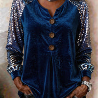 Button And Sequin Long-sleeve Womens Casual Top