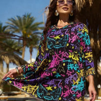 Printed Beach Three Quarter Sleeve One Piece Swimsuit Cover Up