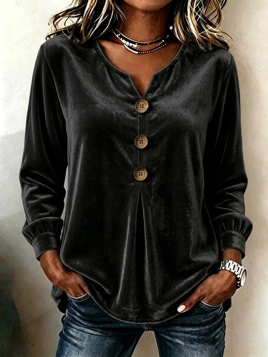 Elegant V-neck Buttoned Long-sleeve Velvet Blouse For Women
