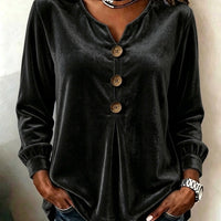 Elegant V-neck Buttoned Long-sleeve Velvet Blouse For Women