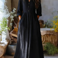 Womens Solid-color Long-sleeve Retro Cotton-linen Dress