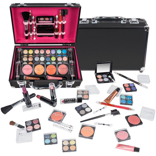 Carry All Make up Train Case with Pro Makeup Set, Beauty Brushes, Lipsticks, Eye Shadows, Blushes, Powders, and More - Reusable Cosmetics Storage Organizer - Premium Gift Packaging - Black