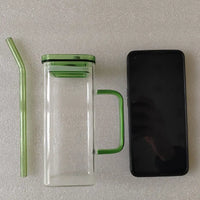 Pink Borosilicate Glass Cup with Straw & Lid | Square Drink Cup | Everyday Home Deal