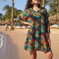 Printed Beach Three Quarter Sleeve One Piece Swimsuit Cover Up