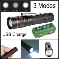LED Flashlight USB Rechargeable Tactical Zoom Torch Powerful Mini Pen Light Work Light For Camping