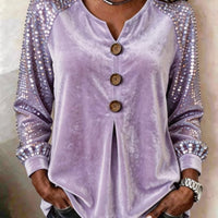 Button And Sequin Long-sleeve Womens Casual Top