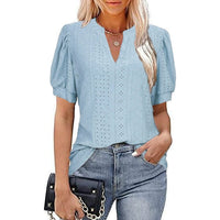 Spring & Summer Casual V-neck Solid Color Hollow-out Puff Sleeve Loose T-shirt Summer Shirt For Women