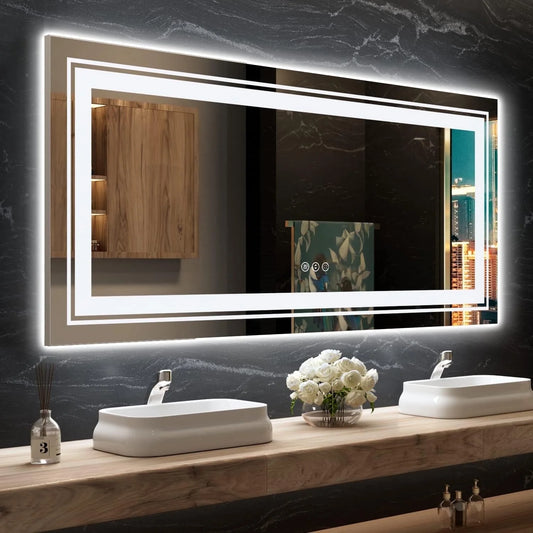 72"X32" Wall Mounted Vanity Mirror LED Bathroom Mirror with Lights, Front Light & Backlit, Anti-Fog, 3 Colors Dimmable Memory Function