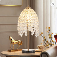 19 Inch Height Elegant Crystal Table Lamp Vintage Waterfall Design With Teardrop Grape Crystal Bead String Shades And Marble Textured Base For Living Room, Bedroom, Or Office Bulb Not Included