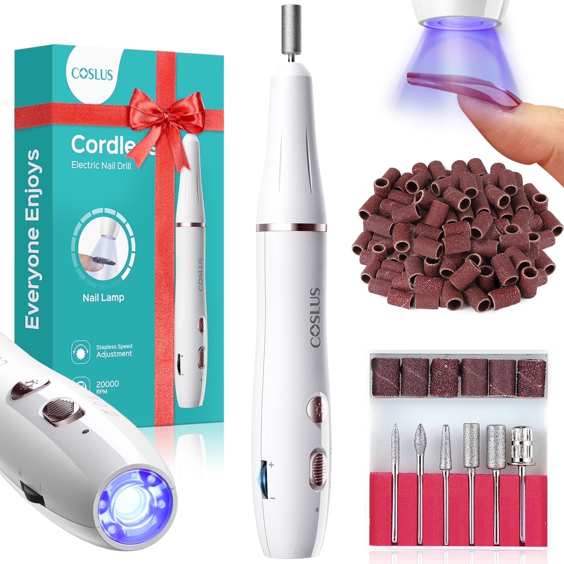 CX41 Cordless Nail Drill Electric File,With Nails Lamp 2 in 1 Portable Nail Drill Machine Kit,Rechargeable Manicure Pedicure Tools Polish Set White
