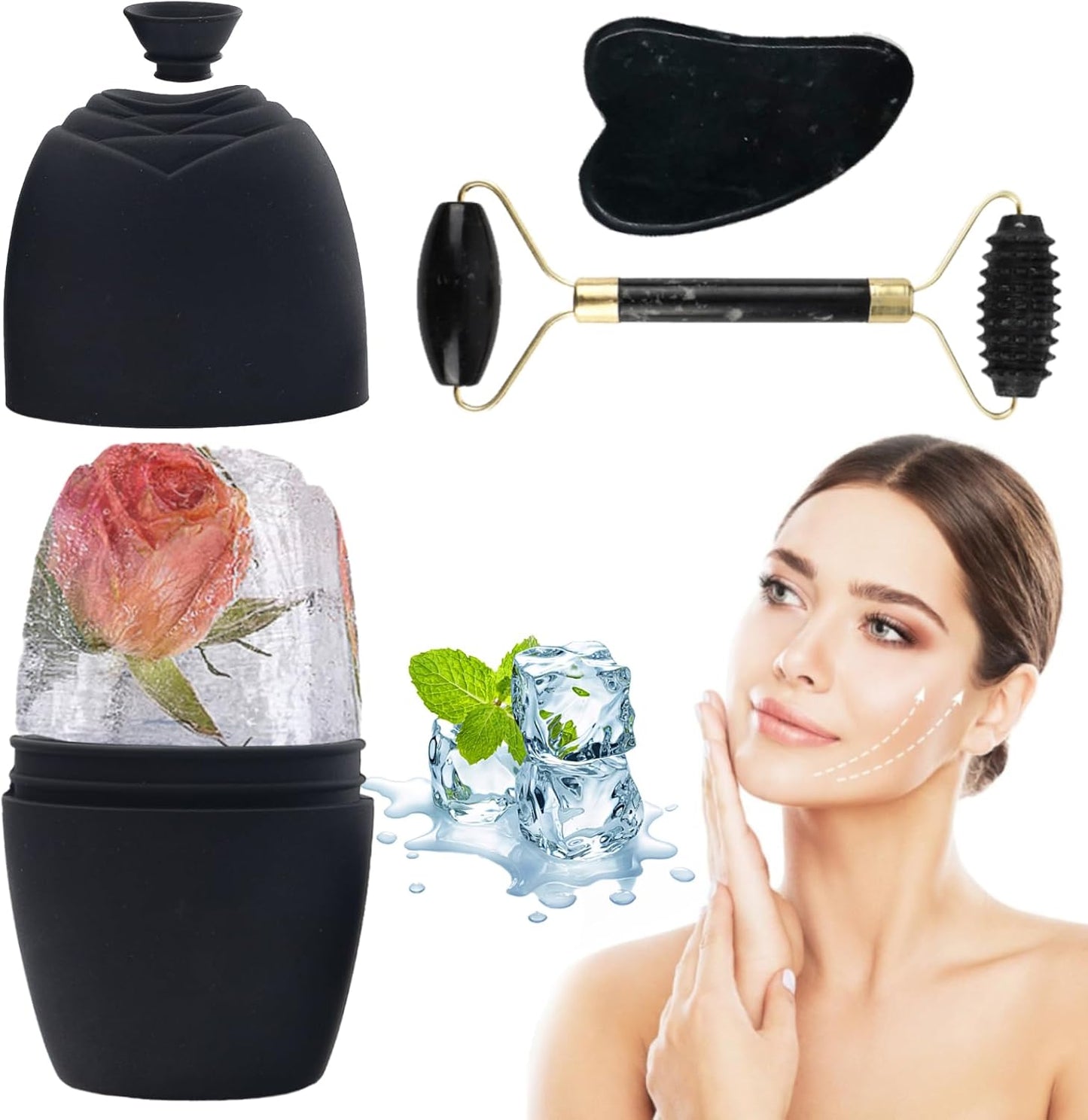 Gua Sha Stone and Face Roller, Gua Sha Set and Ice Face Rollers, Massage Tool for Skin Care Routine, Guasha Tool, Neck and Body Muscle, Fface Massager Roller, Facial Ice Rollers, Black