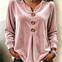 Elegant V-neck Buttoned Long-sleeve Velvet Blouse For Women