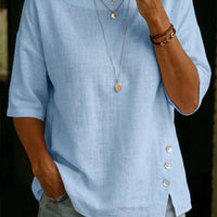 Asymmetrical Button Design Round Neck Loose-fitting Casual Top