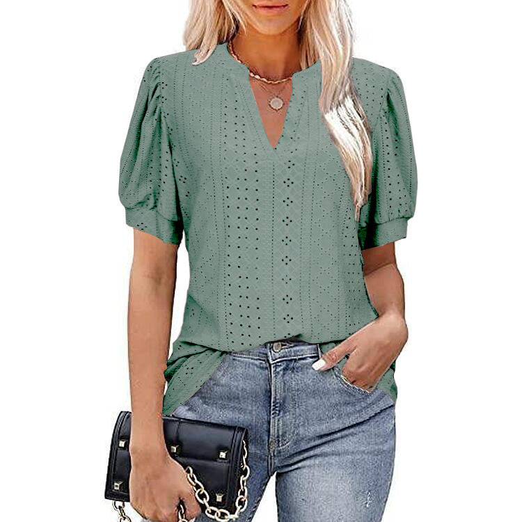 Spring & Summer Casual V-neck Solid Color Hollow-out Puff Sleeve Loose T-shirt Summer Shirt For Women