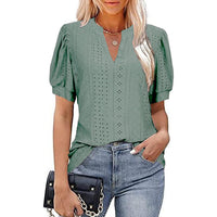 Spring & Summer Casual V-neck Solid Color Hollow-out Puff Sleeve Loose T-shirt Summer Shirt For Women
