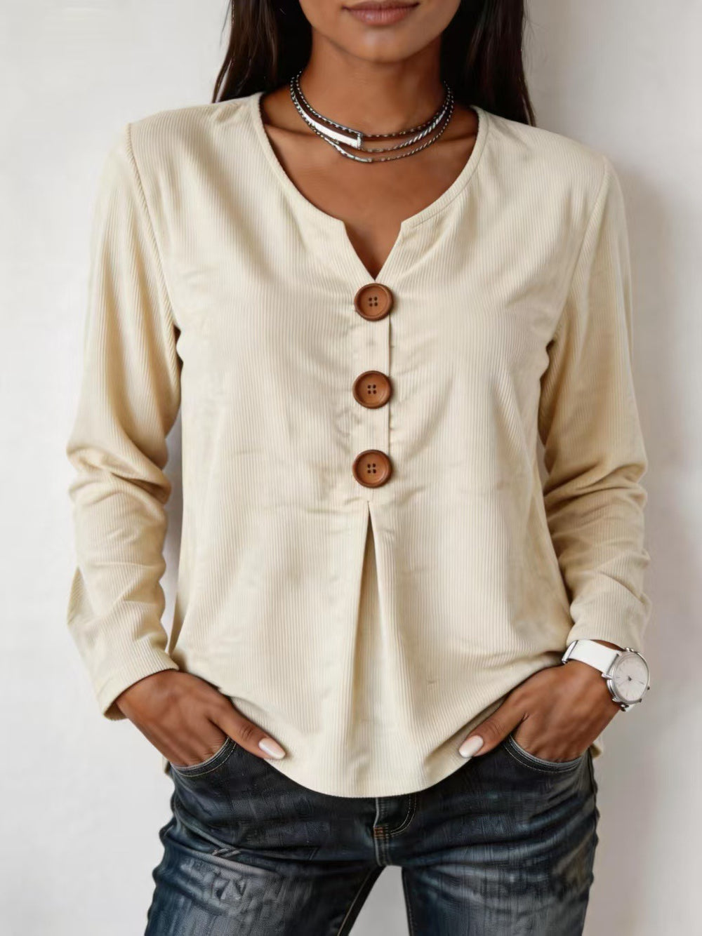 V-neck Buttoned Fashion Casual Long-sleeve Top