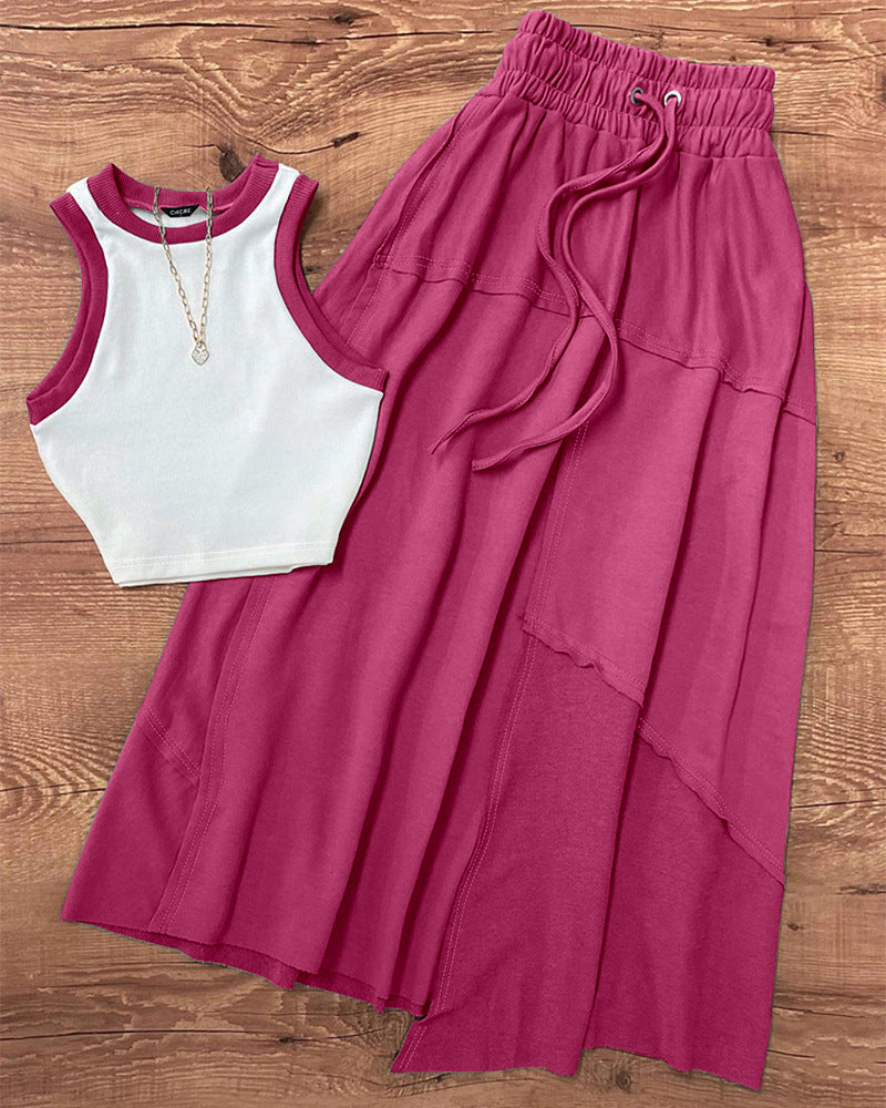 Western-style Color-Block Vest Top A-Line Skirt Two-Piece Set
