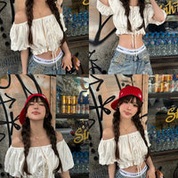 Street Girl Style One-shoulder Pleated Bubble Short-sleeved Shirt
