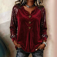 Button And Sequin Long-sleeve Womens Casual Top