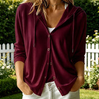 Fashion Women's Solid Color Hooded Long Sleeve Button Down Loose Cardigan
