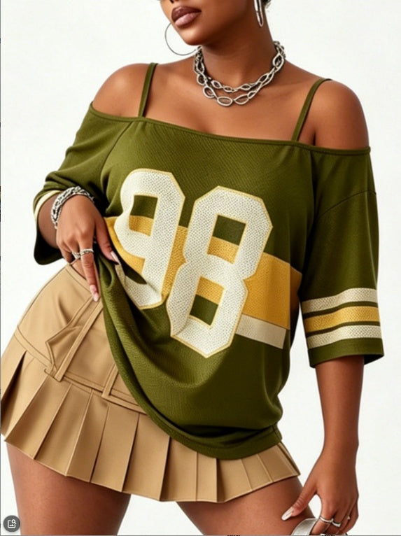 Military Green Off Shoulder Strap, Digital Printed Sports Short Sleeve
