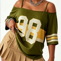 Military Green Off Shoulder Strap, Digital Printed Sports Short Sleeve