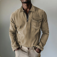 Mens Top Half-zip Lapel Denim Long-sleeve Shirt
