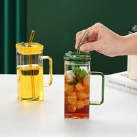 Square Borosilicate Glass Cup with Straw & Lid | 6 Colors 1PC | Everyday Home Deal