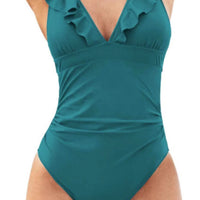 Belly One-piece V-neck Flounce Lace-up Multi-color Women's Swimsuit