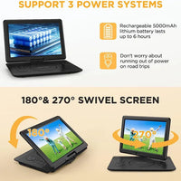 DBPOWER 16.9" Portable DVD Player With 14.1" HD Swivel Large Screen, Support DVD/USB/SD Card And Multiple Disc Formats, 6 Hrs 5000mAH Rechargeable Battery, Sync TV/Projector, High Volume Speaker